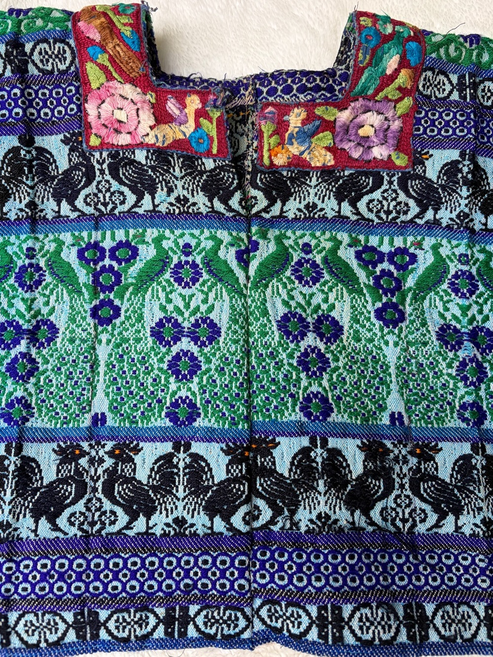 Vintage Handwoven Embroidered Huipil with Rosters, Peacocks and Floral Designs
